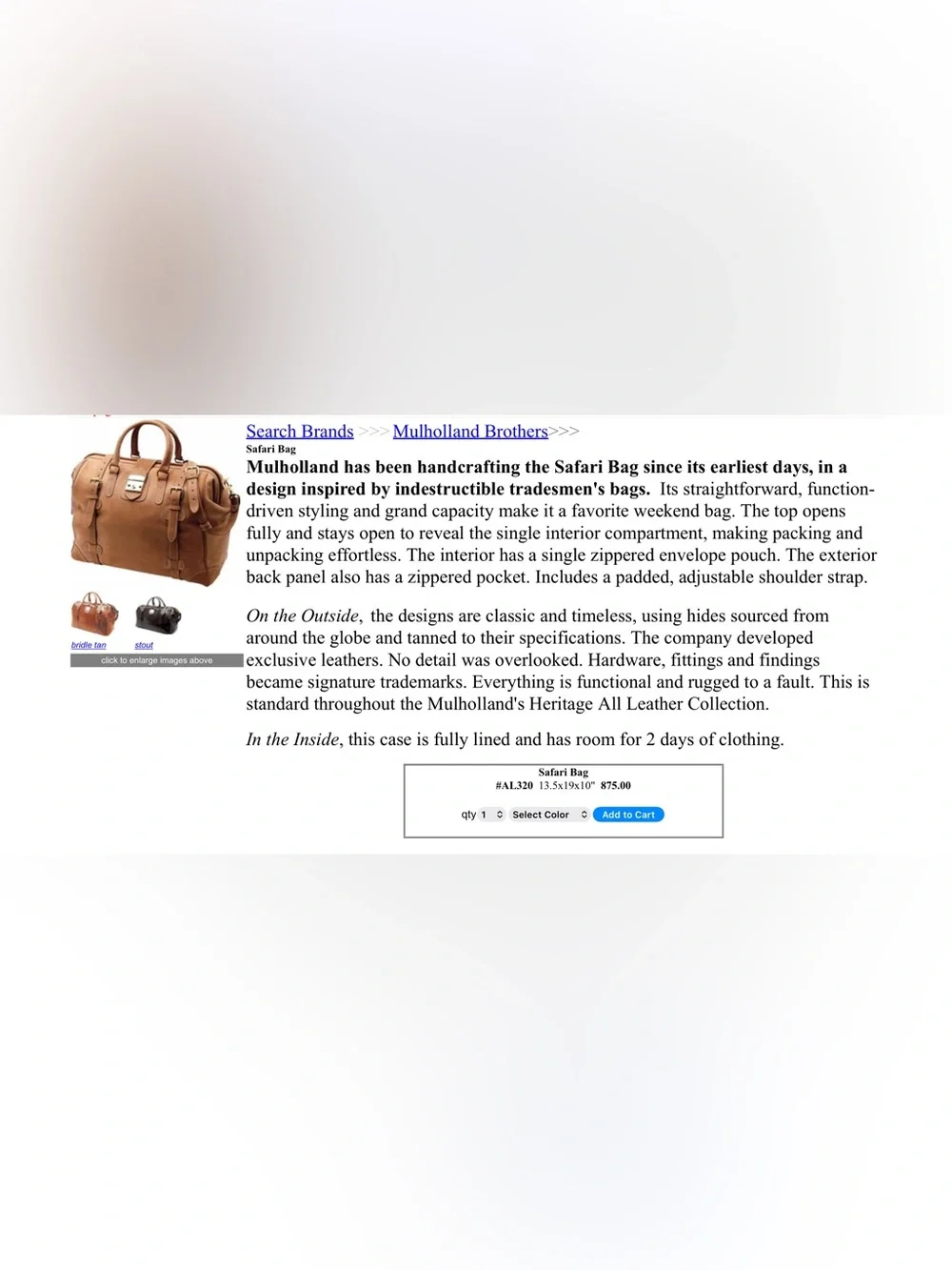 Mulholland Brothers Full-Grain Leather Safari Bag– Made in USA